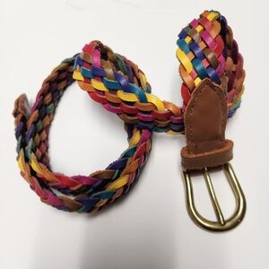  Vintage 90s Multi-color Braided Leather Belt Brass Buckle. 
